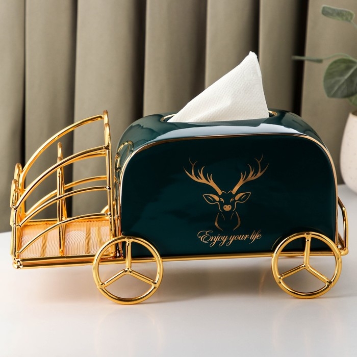 Салфетница керамическая на подставке &laquo;Золотой олень&raquo;, 30&times;13&times;14 см, цвет изумрудный