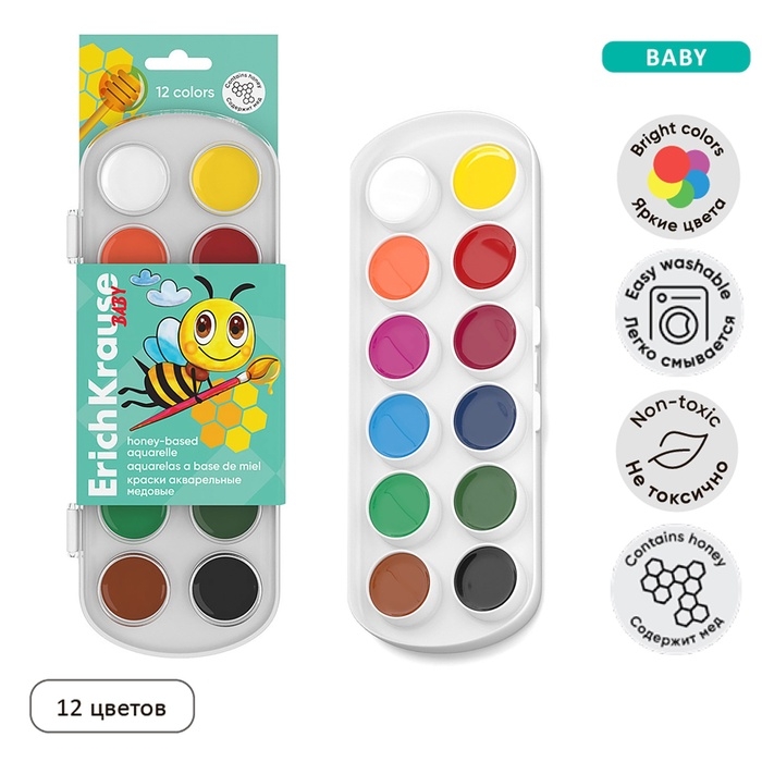 Акварель 12 цветов, ErichKrause ArtBerry, медовая, без кисти, пластиковая коробка, европодвес Акварель 12 цветов, ErichKrause ArtBerry, медовая, без кисти, пластиковая коробка, европодвес