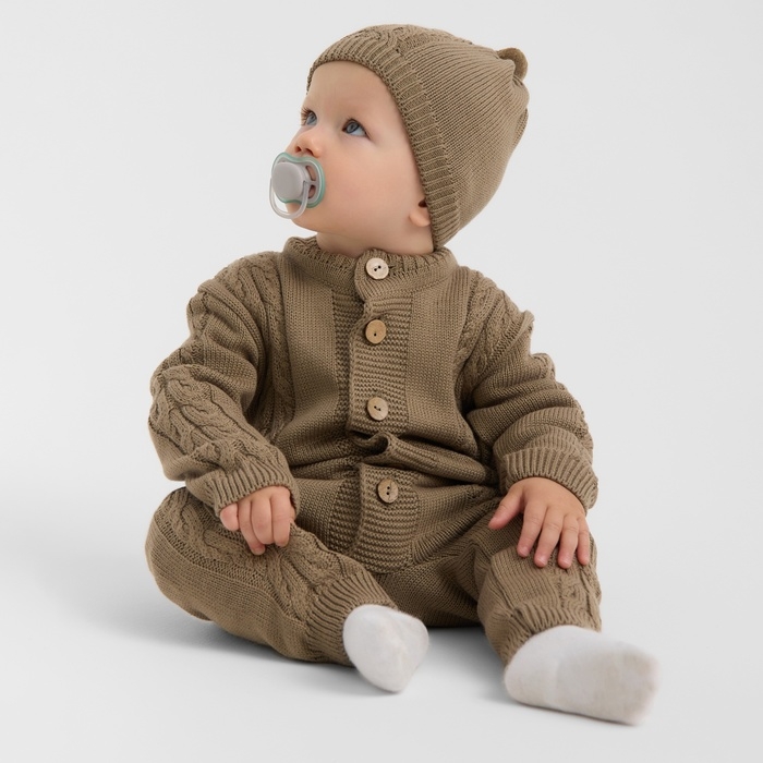 Комбинезон детский с шапочкой вязаный MINAKU, рост 56-62, цвет коричневый