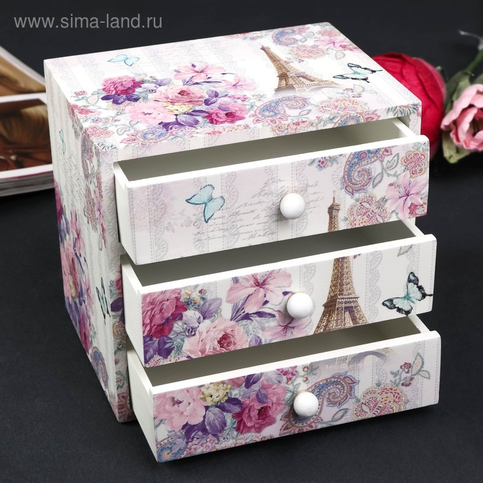 Шкатулка дерево комод 3 ящика Шкатулка дерево комод 3 ящика "Эйфелева башня и букет цветов" 14,8х15,6х11,6 см