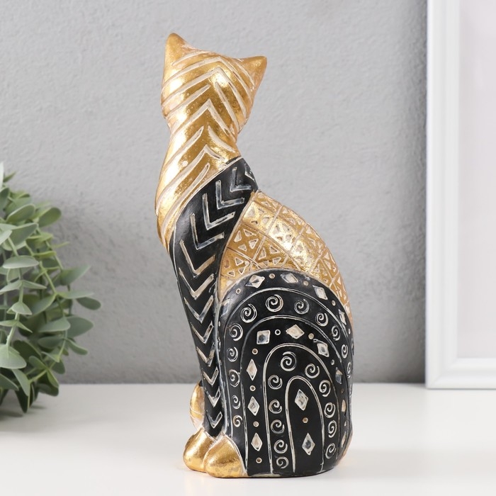 Сувенир полистоун "Кошка с узорами, сидит" золото с чёрным 10,5х8х22 см