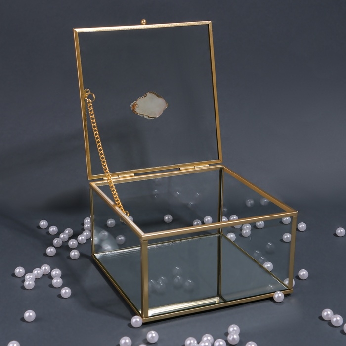 Органайзер для хранения &laquo;MOUNTAINS&raquo;, с крышкой, стеклянный, с зеркальным дном, 1 секция, 15 &times; 15 &times; 8,5 см, цвет прозрачный/медный