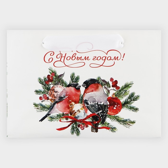 Пакет подарочный новогодний с широким дном &laquo;Снегири&raquo;, 20 х 14 х 13.2 см, Новый год