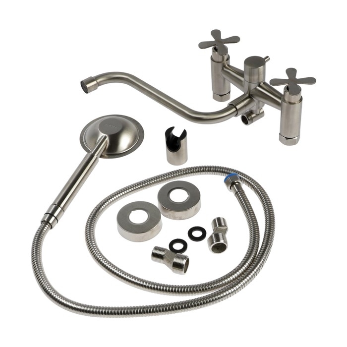 Смеситель для ванны ZEIN Z3733, двухвентильный, S-образный излив 21 см, лейка, шланг, сатин Смеситель для ванны ZEIN Z3733, двухвентильный, S-образный излив 21 см, лейка, шланг, сатин