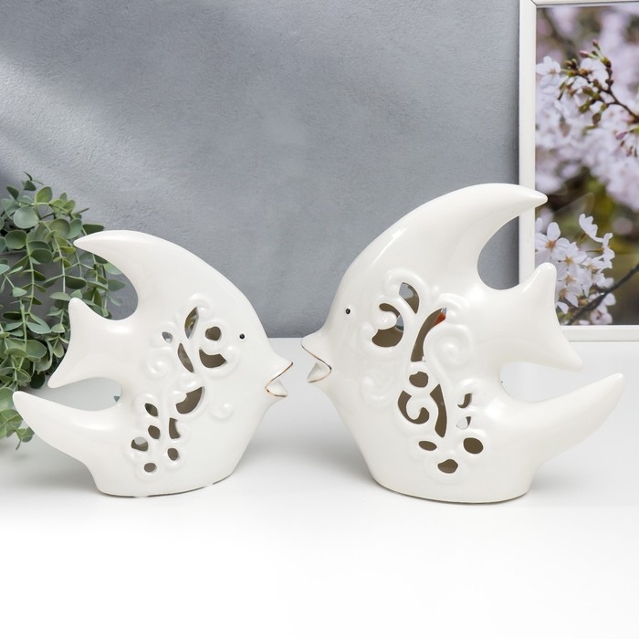 Сувенир керамика "Две рыбки-скалярии с цветами" набор 2 шт 18,5х7,5х21 22,5х8,5х24,5 см