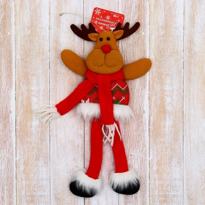 Мягкая подвеска "Олень в костюмчике с орнаментом, длинные ножки" 8х24 см, красный