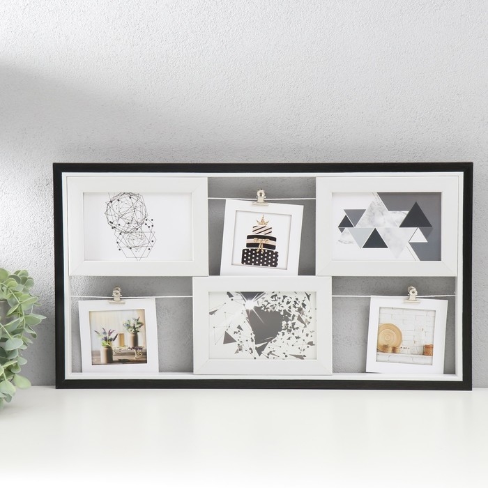 Фоторамка пластик на 6 фото Фоторамка пластик на 6 фото "Теплые воспоминания" с прищепками, черно-белый 53х30 см