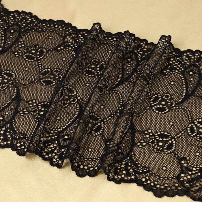 Кружевная эластичная ткань, 190 мм &times; 2,7 &plusmn; 0,5 м, цвет чёрный