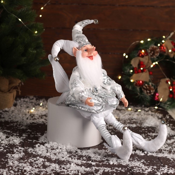 Новогодний шут "С крылышками" сидит, двигается, 39х14 см, серебро