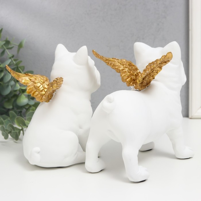 Сувенир полистоун "Бульдоги с крыльями" белый набор 2 шт 16,5х10,5х13,5 16,5х11,5х18,5 см