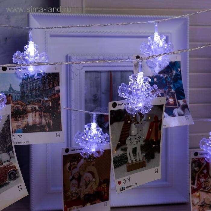 Гирлянда &laquo;Нить&raquo; 4.5 м с насадками &laquo;Прищепки-снежинки&raquo;, IP20, прозрачная нить, 20 LED, свечение белое, 220 В