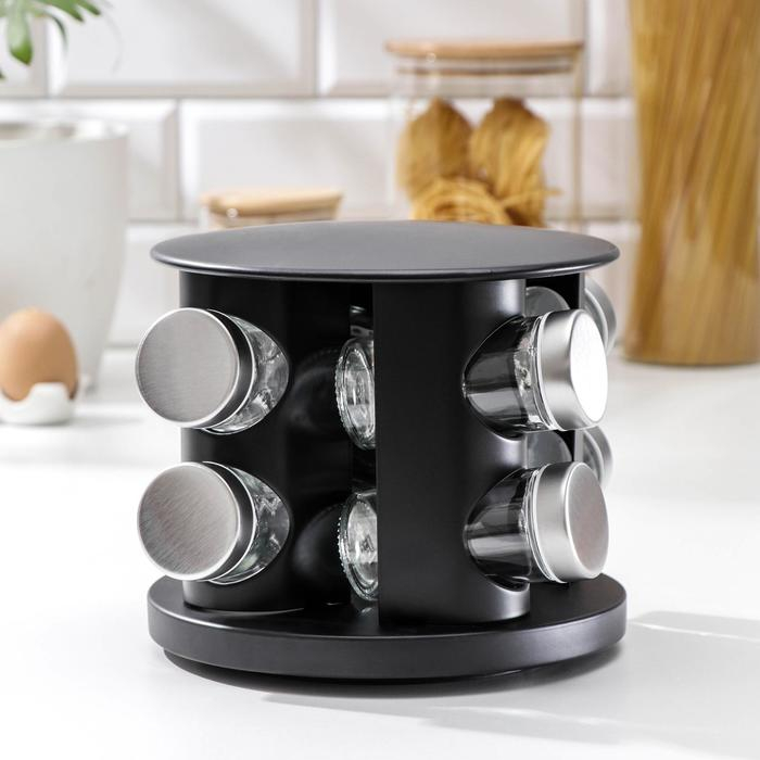 Набор для специй из стекла на подставке &laquo;Шеф&raquo;, 85 мл, 8 предметов, 19&times;16 см, цвет чёрный