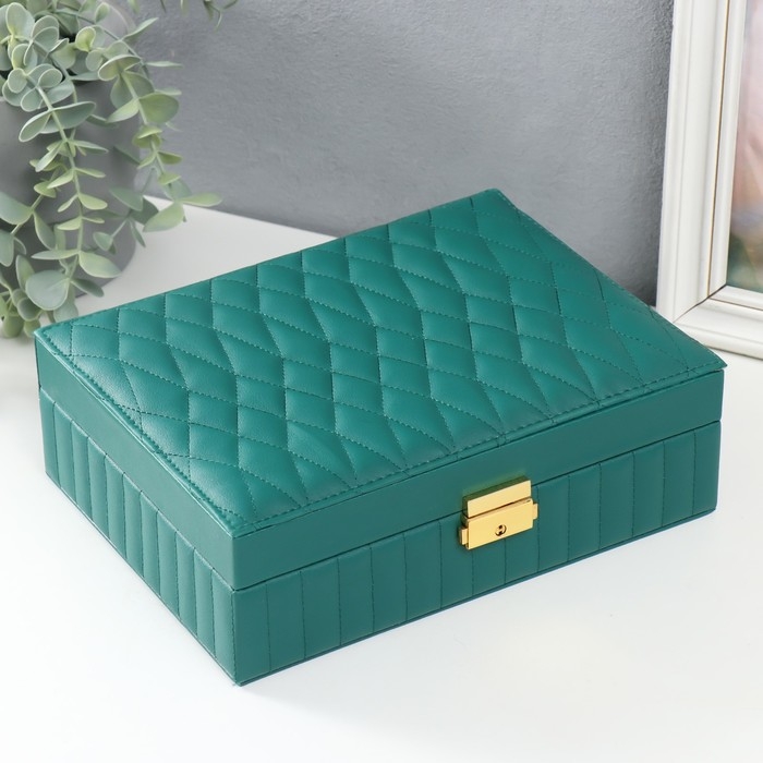 Шкатулка кожзам для украшений Шкатулка кожзам для украшений "Ромбики. На кнопке" зелёная 7,5х24,5х18,5 см