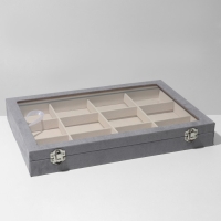 Подставка для украшений &laquo;Шкатулка&raquo; 12 ячеек, флок, 35&times;24&times;4,5, стеклянная крышка, цвет серо-бежевый