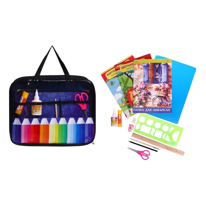 Папка для труда А4, 335 х 260 х 60 мм, с ручками, текстиль, ПВХ, с наполнением 13 предметов, Calligrata, ПТР-111, Папка для труда А4, 335 х 260 х 60 мм, с ручками, текстиль, ПВХ, с наполнением 13 предметов, Calligrata, ПТР-111, "Карандаши"