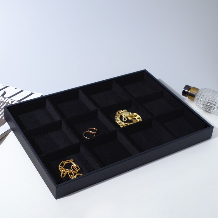 Подставка для украшений 12 ячеек, флок, 35×24×3, цвет чёрный Подставка для украшений 12 ячеек, флок, 35×24×3, цвет чёрный