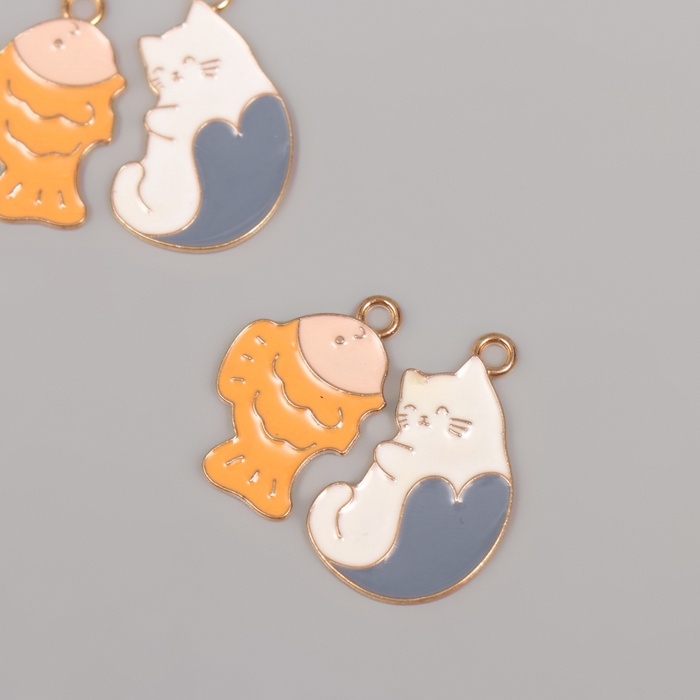 Декор для творчества металл, эмаль Декор для творчества металл, эмаль "Котик с рыбкой" набор 2 шт 2,6х2,5 см