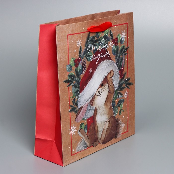 Пакет подарочный новогодний крафтовый вертикальный &laquo;Новогодняя пора&raquo;, M 26 х 30 х 9 см, Новый год
