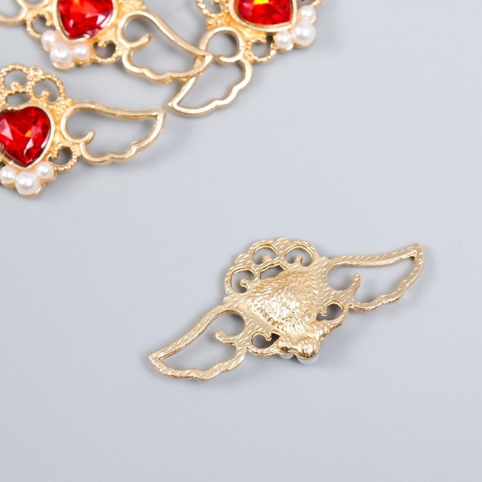 Декор для творчества металл, пластик "Крылатое сердце. Рубин" золото набор 5 шт 4х2 см