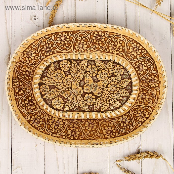 Тарелка &laquo;Бабочки в цветах&raquo;, овальная, 27х21х2 см, береста