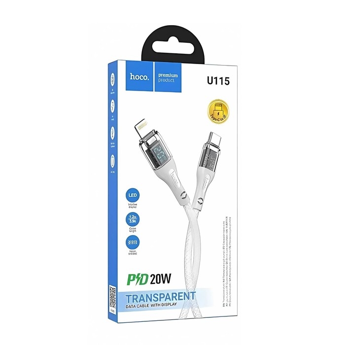 Кабель Hoco U115, Type-C - Lightning, 1.2 м, прозрачный,передача данных,оплётка нейлон,серый