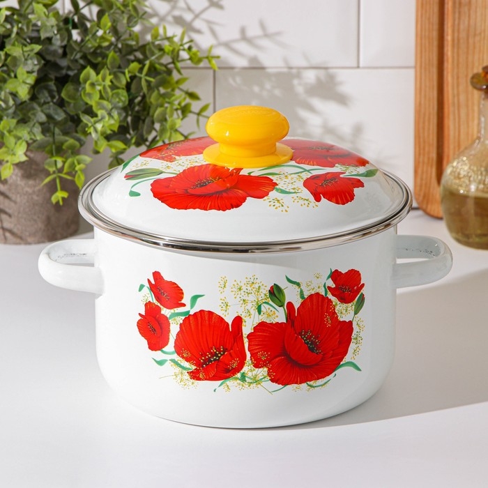 Кастрюля эмалированная &laquo;Маки&raquo;, 3 л, индукция, цвет белый