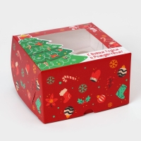 Коробка под 4 капкейка с окном "Праздничная ель", 16 х 16 х 10 см
