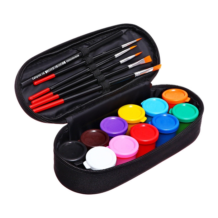 Пенал мягкий, 1 отделение, 95 х 205 х 45 мм, футляр, с наполнением 17 предметов, гуашь 11 цветов, Calligrata, School