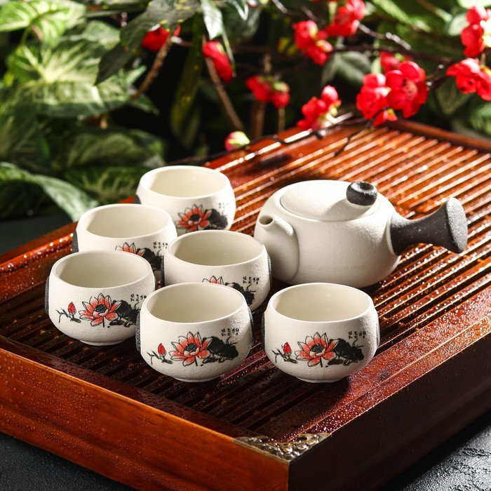 Набор для чайной церемонии керамический &laquo;Нежный цветок&raquo;, 7 предметов: чайник 180 мл, 6 чашек 70 мл, цвет белый