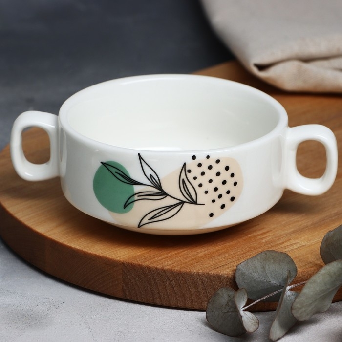 Супница с ручками керамическая &laquo;Веточка&raquo;, 10.5 х 5 см, 220 мл, цвет белый