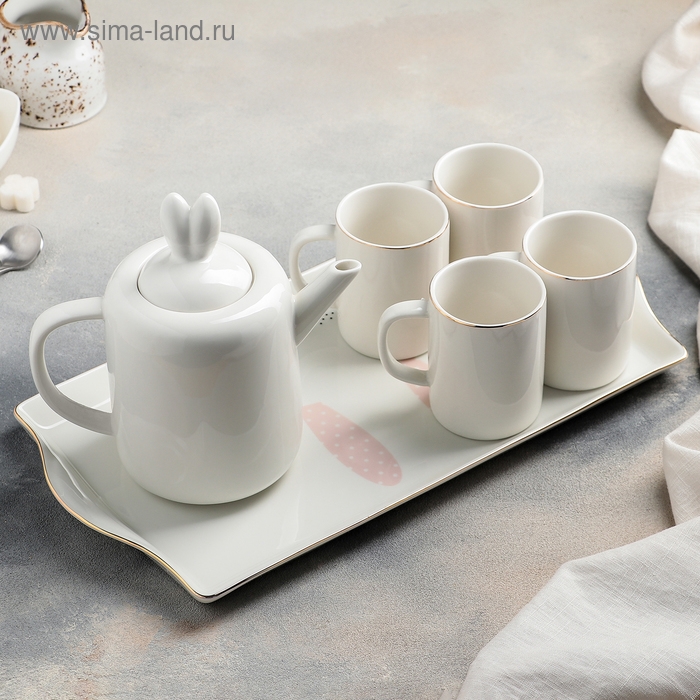 Набор керамический чайный &laquo;Зайка&raquo;, 6 предметов: 4 кружки 220 мл, чайник 900 мл, поднос