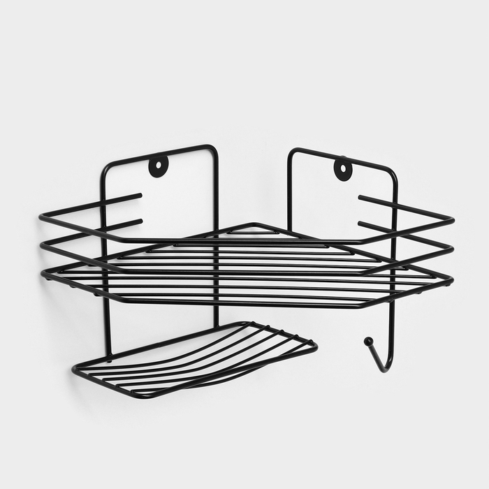 Полка угловая для ванной, настенная, 1 ярус, с мыльницей, 27,5×20×15,5 см, цвет чёрный Полка угловая для ванной, настенная, 1 ярус, с мыльницей, 27,5×20×15,5 см, цвет чёрный