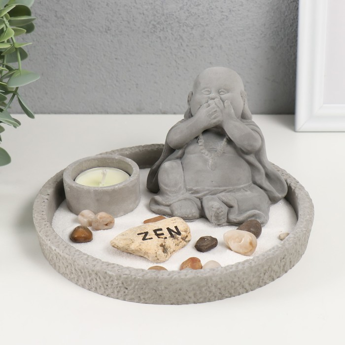 Сад камней Дзен d=16,5 см Сад камней Дзен d=16,5 см "Хотей: ничего не говорю", со свечой, серый