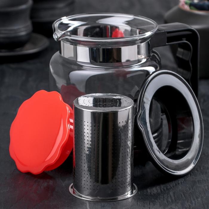 Чайник стеклянный заварочный &laquo;Цветок&raquo;, 750 мл, с металлическим ситом, цвет чёрный