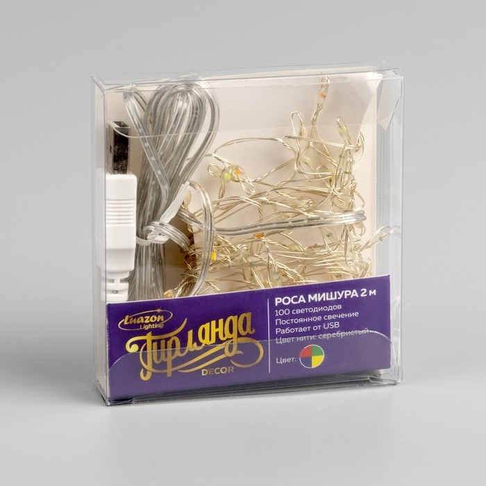 Гирлянда &laquo;Мишура&raquo; 2 м роса, IP20, серебристая нить, 100 LED, свечение мульти, USB