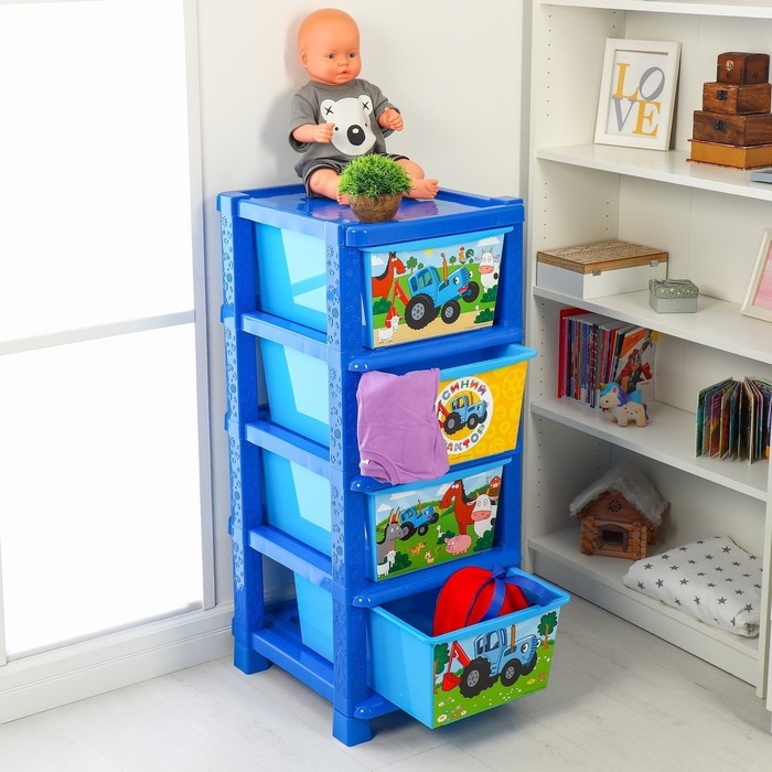 Комод универсальный 103 &times; 52 &times; 42 см, 4 секции, ящик 51 х 36 х 20 см, Синий трактор