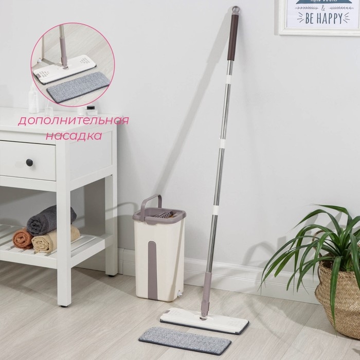 Швабра с отжимом и ведро Доляна: ведро с 2 отсеками 21&times;18&times;37, швабра 32&times;12&times;128 см, отсек= 4 л, дополнительная насадка из микрофибры