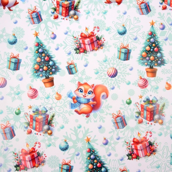 Новый год. Бумага упаковочная новогодняя "Белочка", глянец, 1 лист, 80 г/м2 , 70 х 100 см