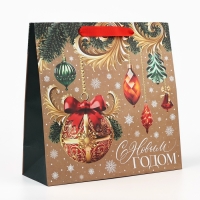Пакет подарочный новогодний крафтовый квадратный &laquo;Новогодние игрушки&raquo;, 30 х 30 х 12 см, Новый год