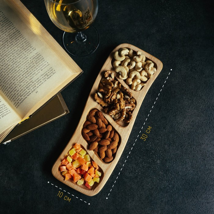 Менажница прямоугольная Доляна, 30&times;10&times;1,8 см, 4 секции, берёза