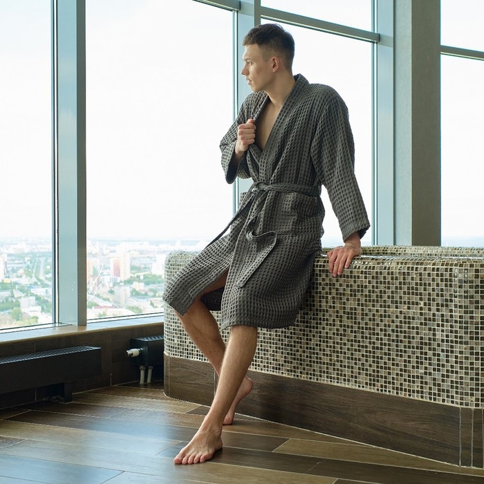 Халат вафельный мужской удлиненный Этель "Boho" размер 50-52, цвет светло-серый, 100% хлопок, 290 г/м2