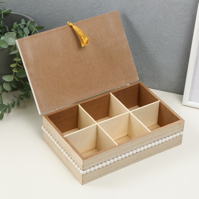 Шкатулка дерево с делениями "Белые бусины" 22,7х15,5х7,3 см