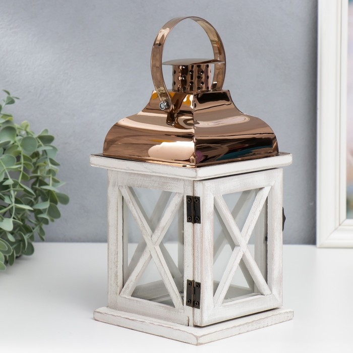 Подсвечник дерево на 1 свечу Подсвечник дерево на 1 свечу "Фонарь" серый и медь 24,5х13,5х13,5 см