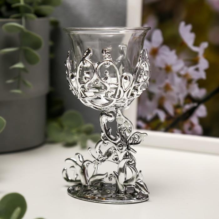 Подсвечник пластик, стекло "Бабочка" серебро 12х7,5х6 см