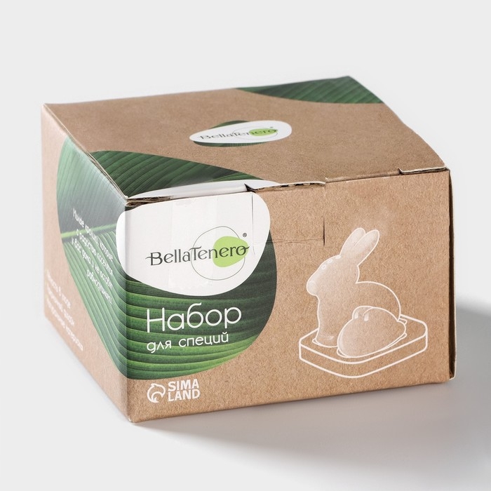 Набор фарфоровый для специй на бамбуковой подставке BellaTenero &laquo;Зайцы&raquo;, 3 предмета: солонка 50 мл, перечница 20 мл, подставка, цвет белый и чёрный