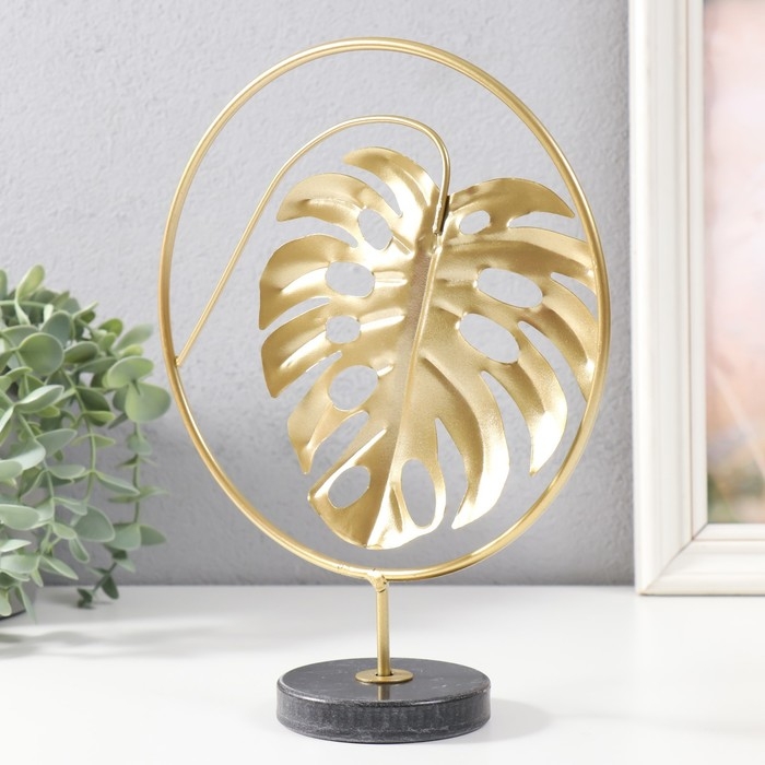 Сувенир металл, мрамор "Круг с листом монстеры" золото, черный 20х7,5х25 см