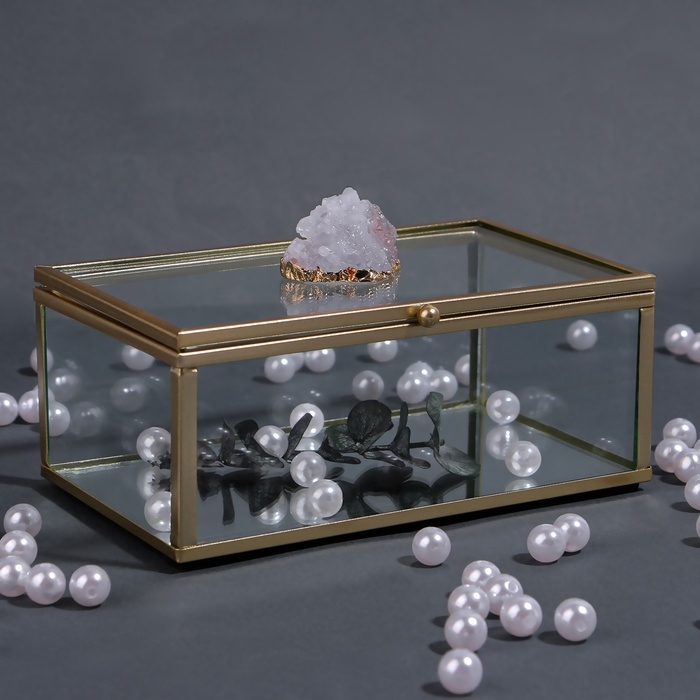 Органайзер для хранения &laquo;MOUNTAINS&raquo;, с крышкой, стеклянный, с зеркальным дном, 1 секция, 14,5 &times; 8,5 &times; 6 см, цвет прозрачный/медный