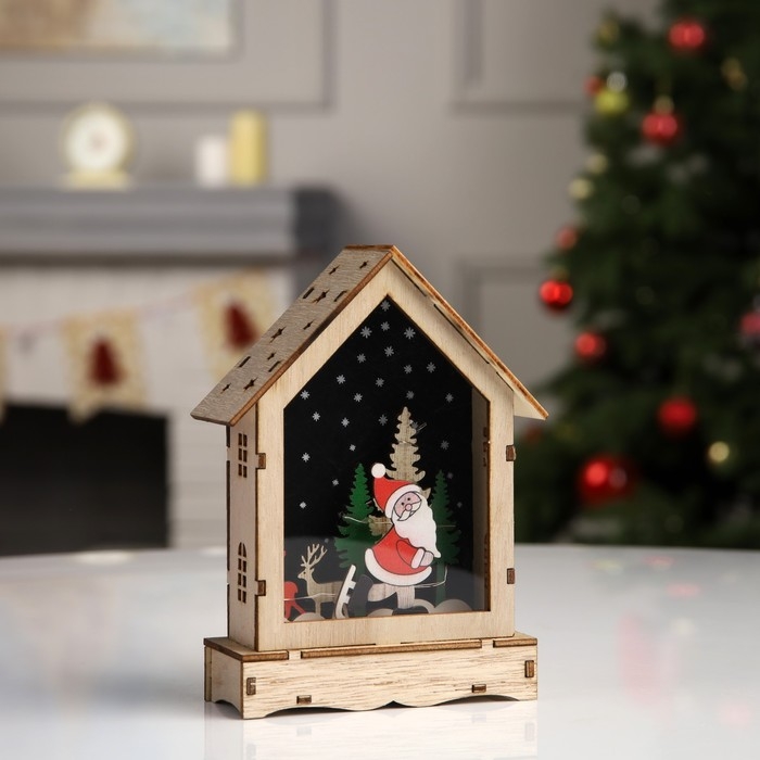 Светодиодная фигура &laquo;Домик с Дедом Морозом&raquo; 16 &times; 11 &times; 4.5 см, дерево, батарейки АААх2 (не в комплекте), свечение тёплое белое