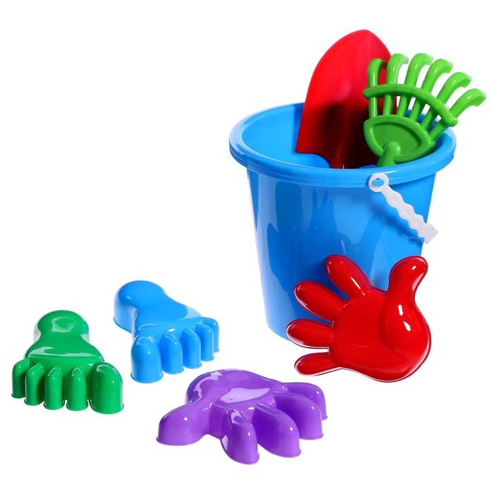 Набор для игры в песке №20: ведро большое, совок, грабли, 4 формочки Набор для игры в песке №20: ведро большое, совок, грабли, 4 формочки