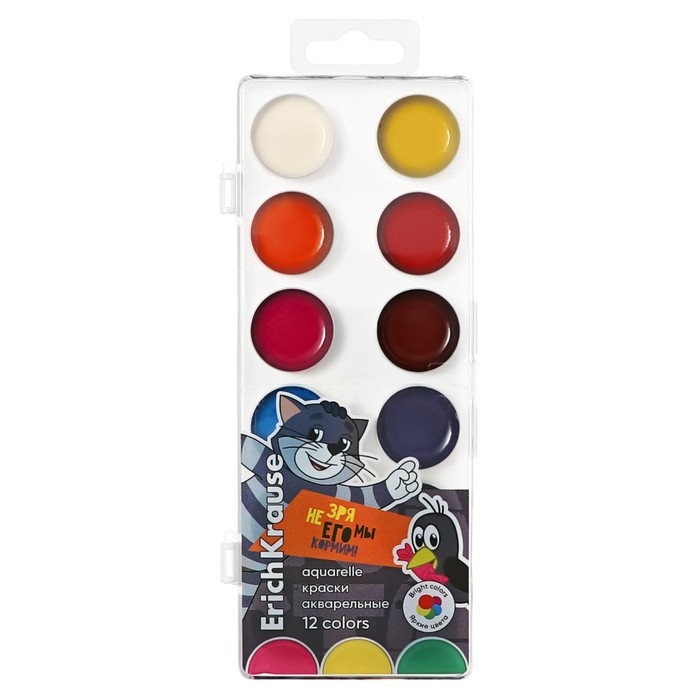 Акварель 12 цветов, ErichKrause "Простоквашино", без кисти, пластиковая коробка, европодвес